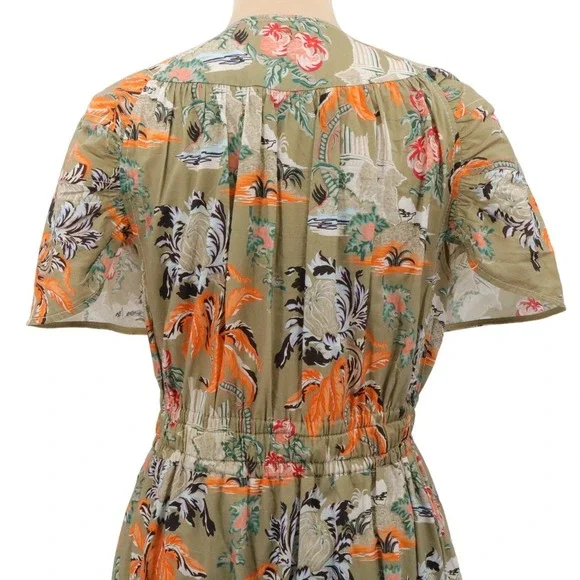 Peter Pilotto Khaki Cotton Floral Gathered Short Sleeve Dress US Size 8 - Picture 6 of 10